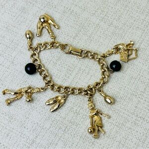 Vintage Gold Tone Bowling Theme Charm Bracelet